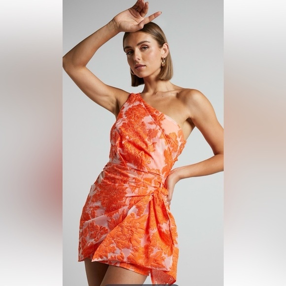 Showpo Hailey Brailey One Shoulder Mini Dress Orange White Sheer Floral 4 - Picture 1 of 16